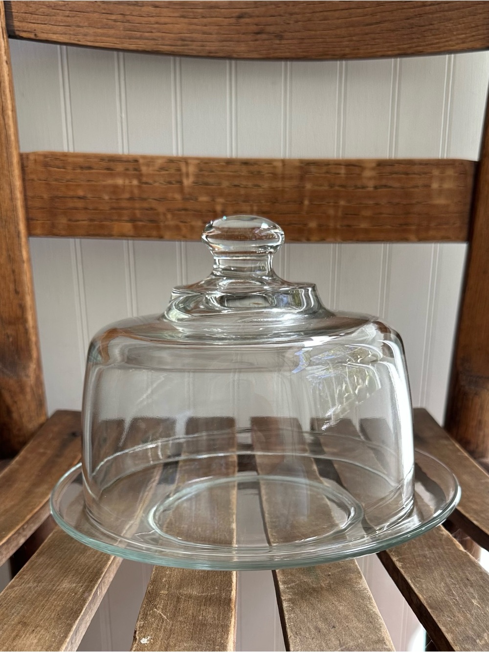 Clear glass dessert or cheese dome • plate and cover • knob handle • heavyweight